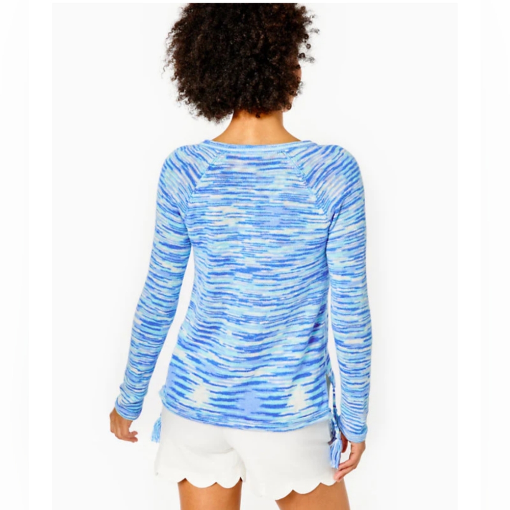 NWT V Neck Lilly Pulitzer Blue Space Dyed Tassel Sweater - Medium - Picture 4 of 7